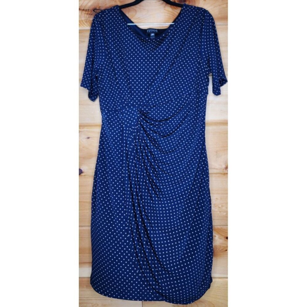 Enfocus Studio Navy Blue Gold Polka Dot Sleeveless Ruched Dress Size 14 Petite - Picture 2 of 10
